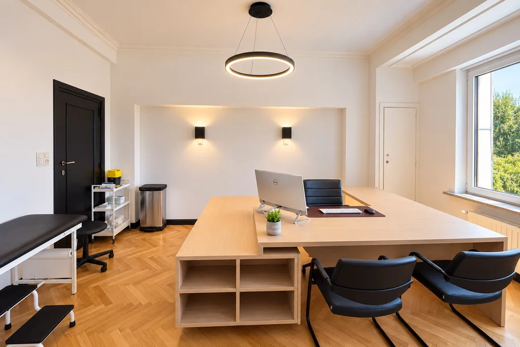 Lichte spreekkamer: bureau in licht hout, onderzoekstafel en visgraatparket
