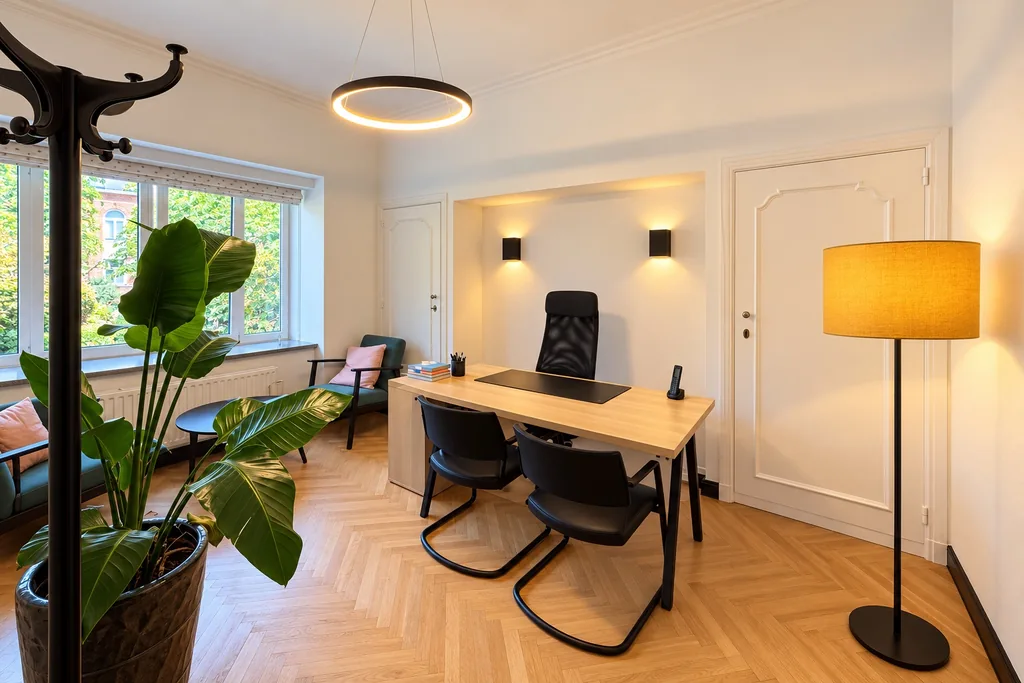 Spreekkamer: bureau in licht hout, fauteuils en grote ramen